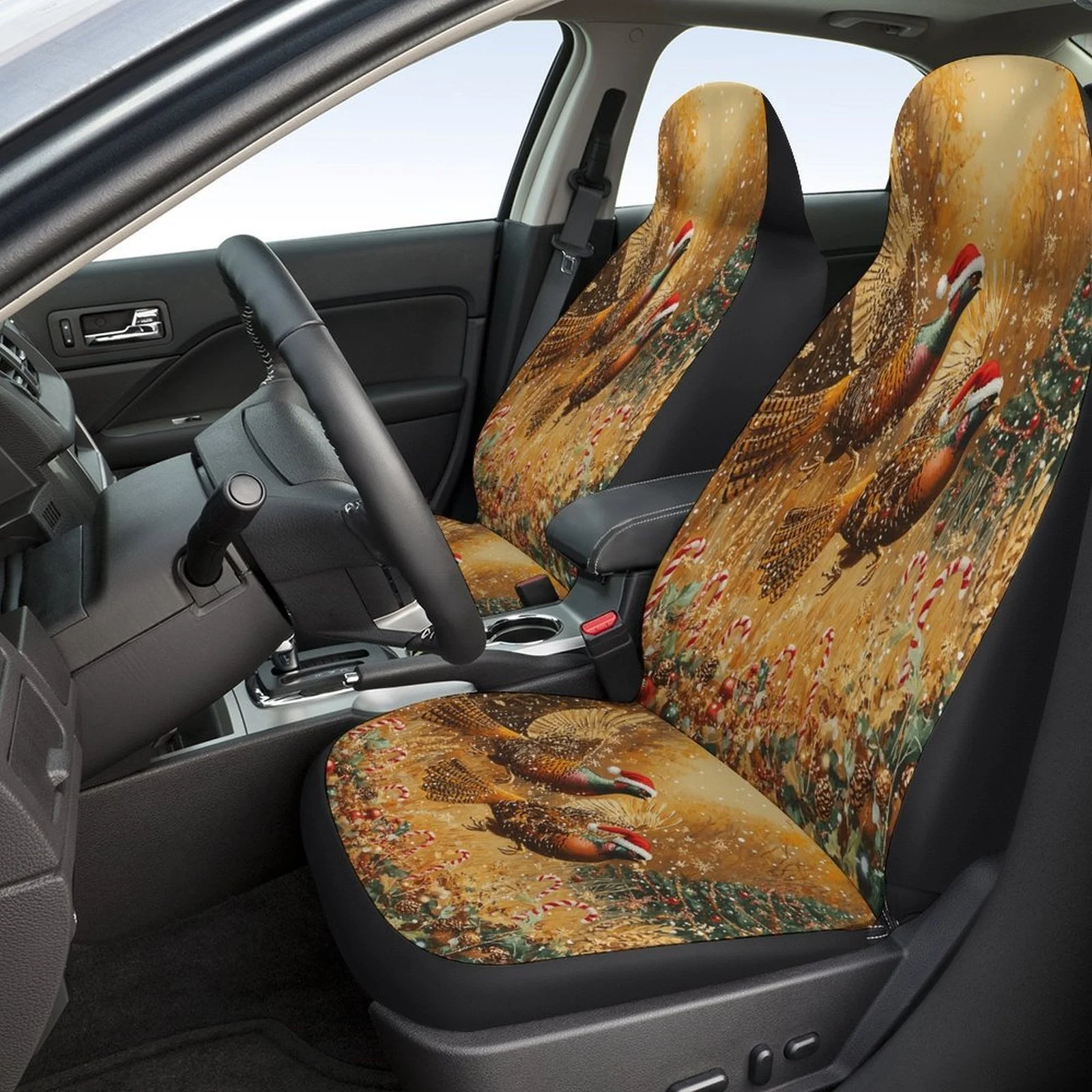 Christmas Pheasants Flight Themed Car Seat Cover Set For Most Cars, Decorative Trendy High-quality Car Seat Protector Covers Ful