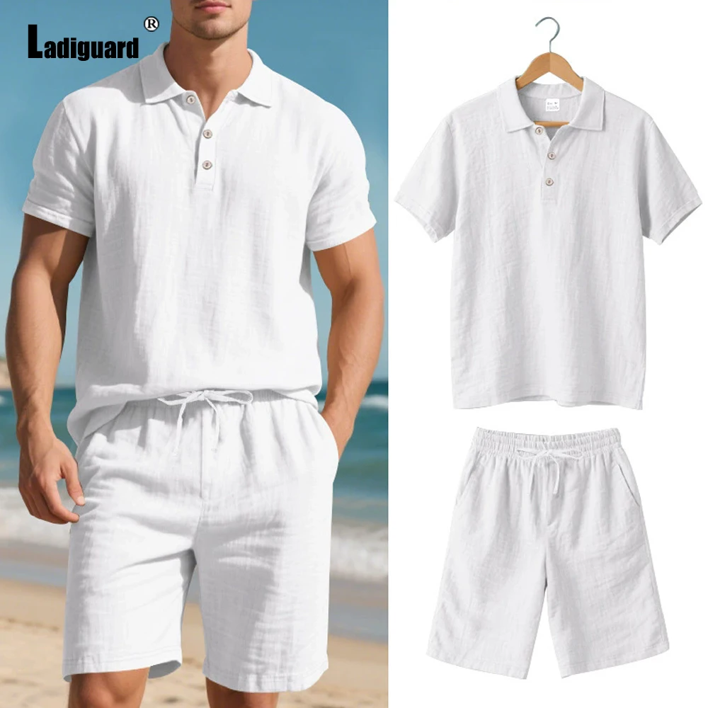 Plus Size Mens Casual Linen Two Piece Sets 2025 Europe Sexy Polos Shirt and Army Green Shorts Suit Male Beach Tracksuits Set New