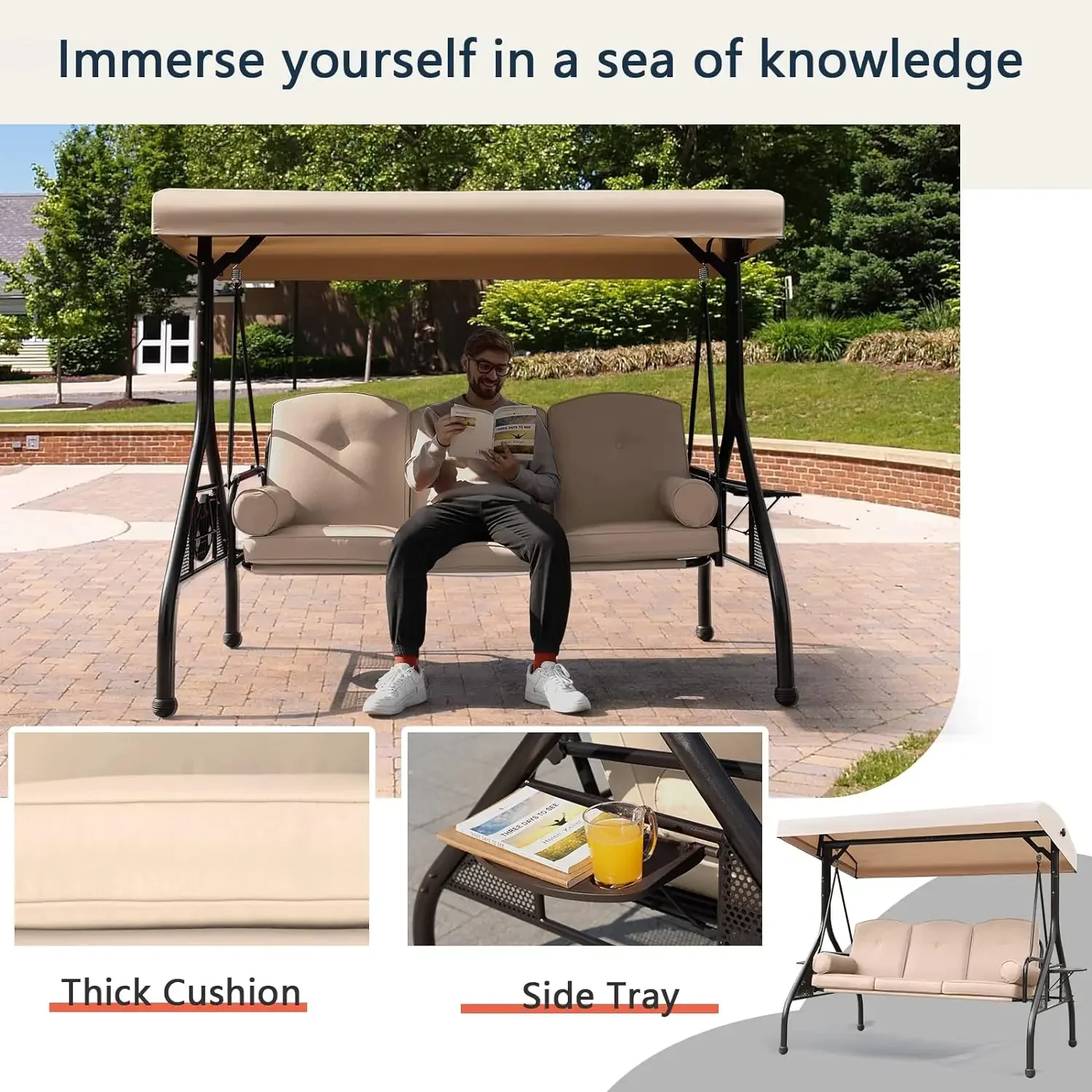

B Patio Porch Swing, 3-seater outdoor swing with adjustable canopy, pillows, pillows and foldable side trays，Khaki