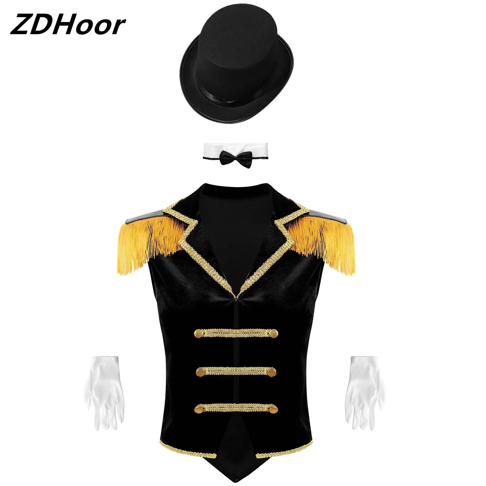 

Womens Circus Ringmaster Costume Set Sleeveless Lapel Fringed Shoulder Tops with Hat Collar Gloves for Carnival Performance