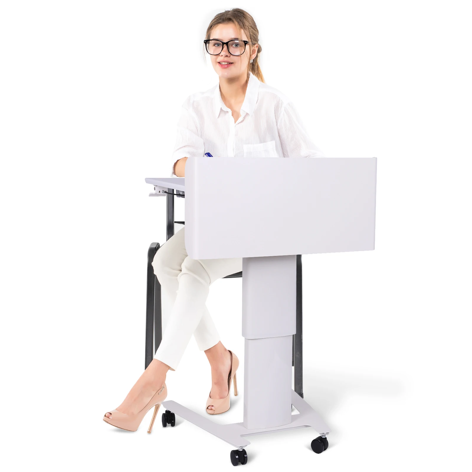 Mobile Metal Lectern with Wheels Standing Lift Lectern Movable Conference Podium for Presentations & Public Speaking