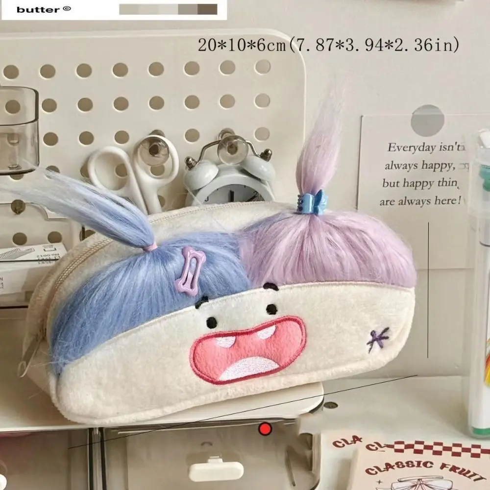 DIY Rambut Halus Rambut Afro Boneka Pena Tas Ritsleting Kawaii Tempat Pensil Lucu Kapasitas Besar Lembut Tas Pena Mewah Hadiah Anak-anak