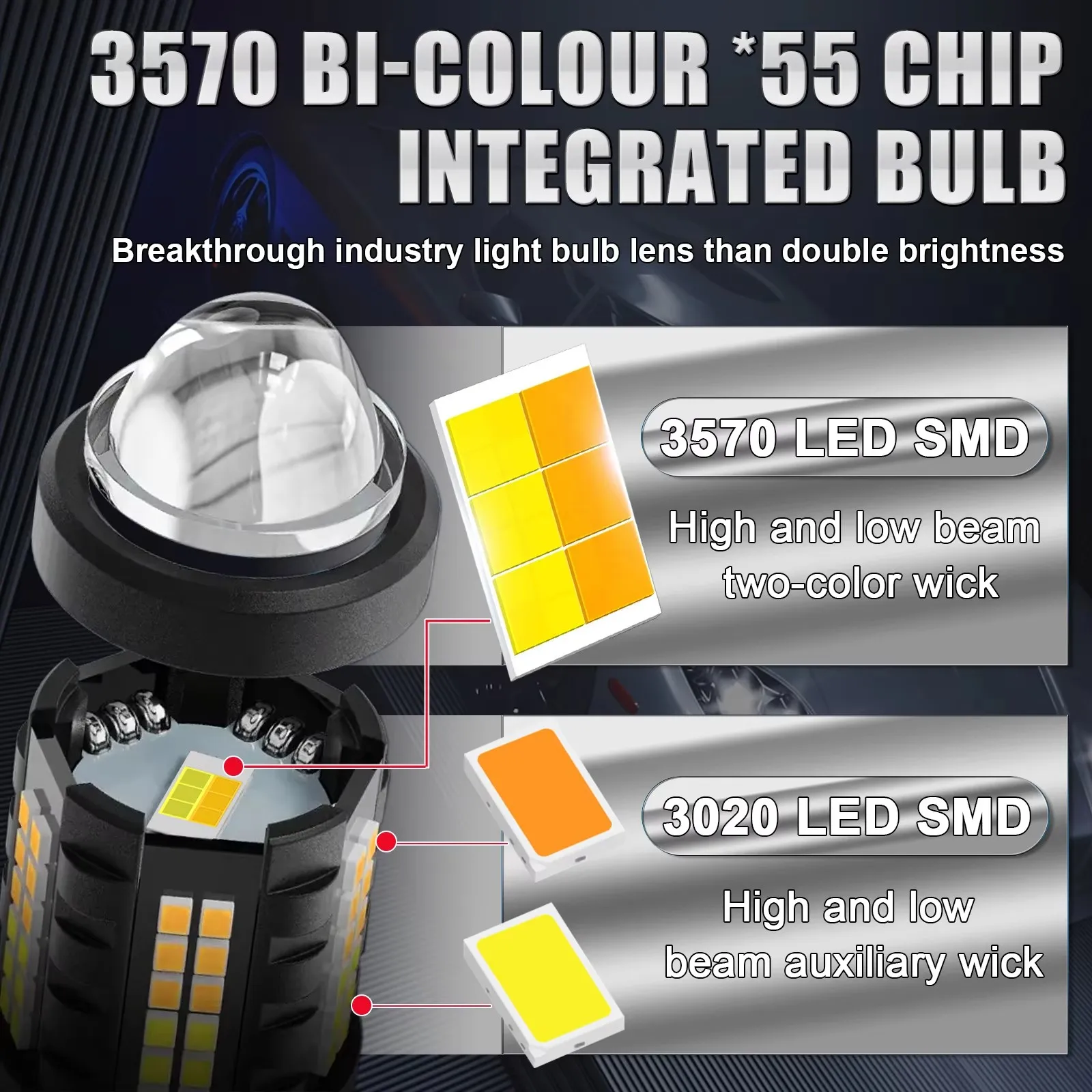 1/2PC 9003 H4 Dual Color Switchable Motorcycle Headlight H4 LED Bulb White/Yellow for All-Weather Riding Motorbike Head Lamp