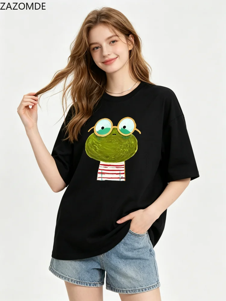 ZAZOMDE  Minimalist  Painted Frog Pattern T-shirt Unisex Oversized Cotton Short Sleeve Cute Animal Print Casual Daily Tops