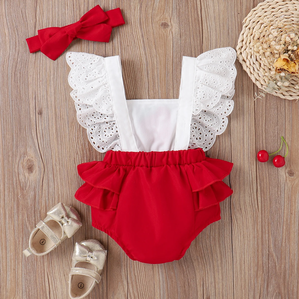 PatPat 2pcs Baby Girl Strawberry Embroidered Bow Front Ruffled Spliced Romper & Headband Set