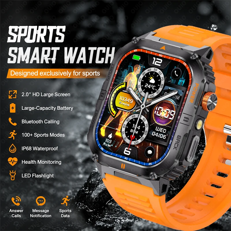 

2026 Sports Smart Watch 100+ Sports Mode IP68 Waterproof Message Notification Health Monitoring Bluetooth Call Men Smart Watch