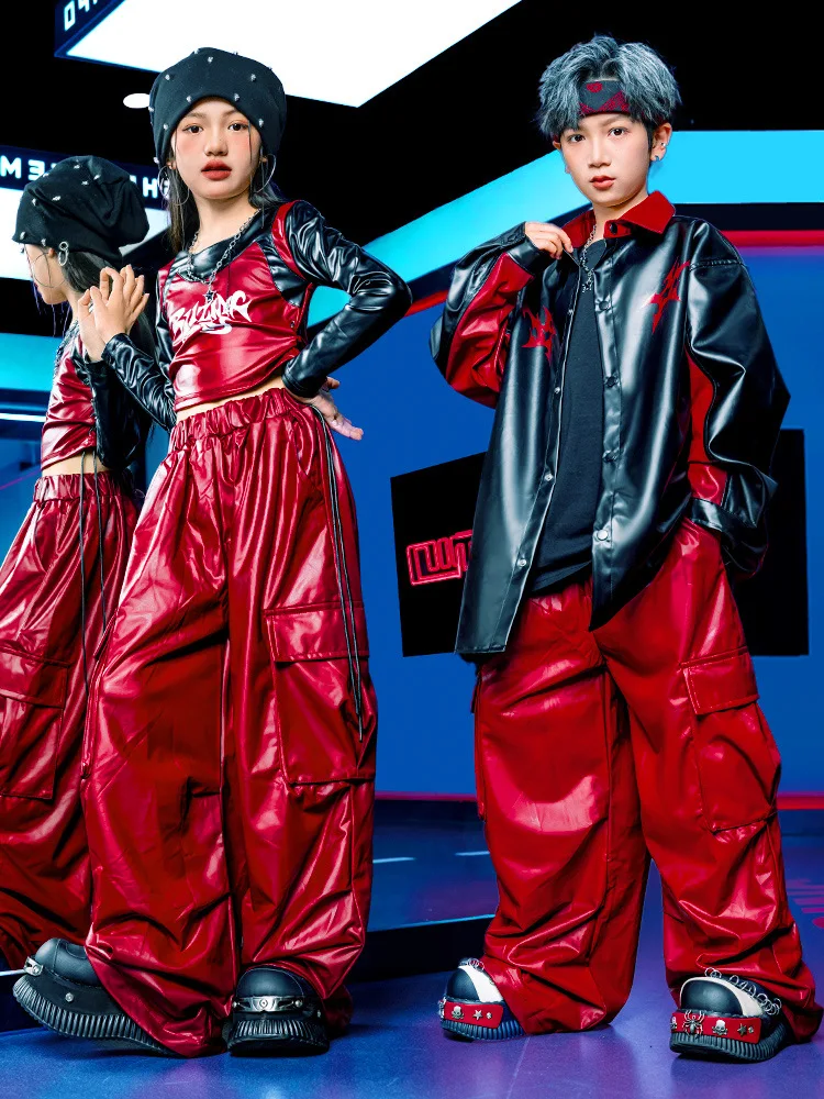 طفل Kpop الهيب هوب الملابس السوداء فو الجلود المحاصيل تي شيرت سترة النبيذ الأحمر البضائع السراويل لفتاة صبي الشارع أزياء رقص الملابس #5