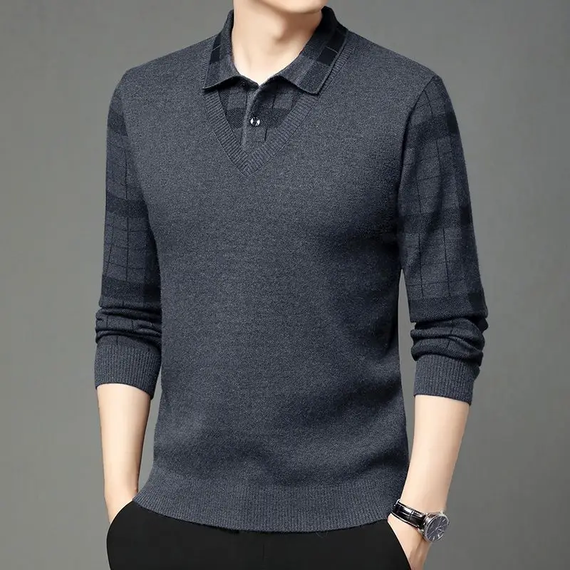 

Мужской трикотажный свитер с имитацией двухслойности, с воротником-стойкой, утепленный, повседневный, осенне-зимний, деловой, базовый, из ПУ-материала