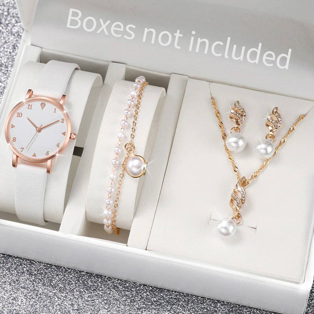 5 stks/set mode dameshorloges lederen band quartz horloge parel sieraden set (zonder doos)