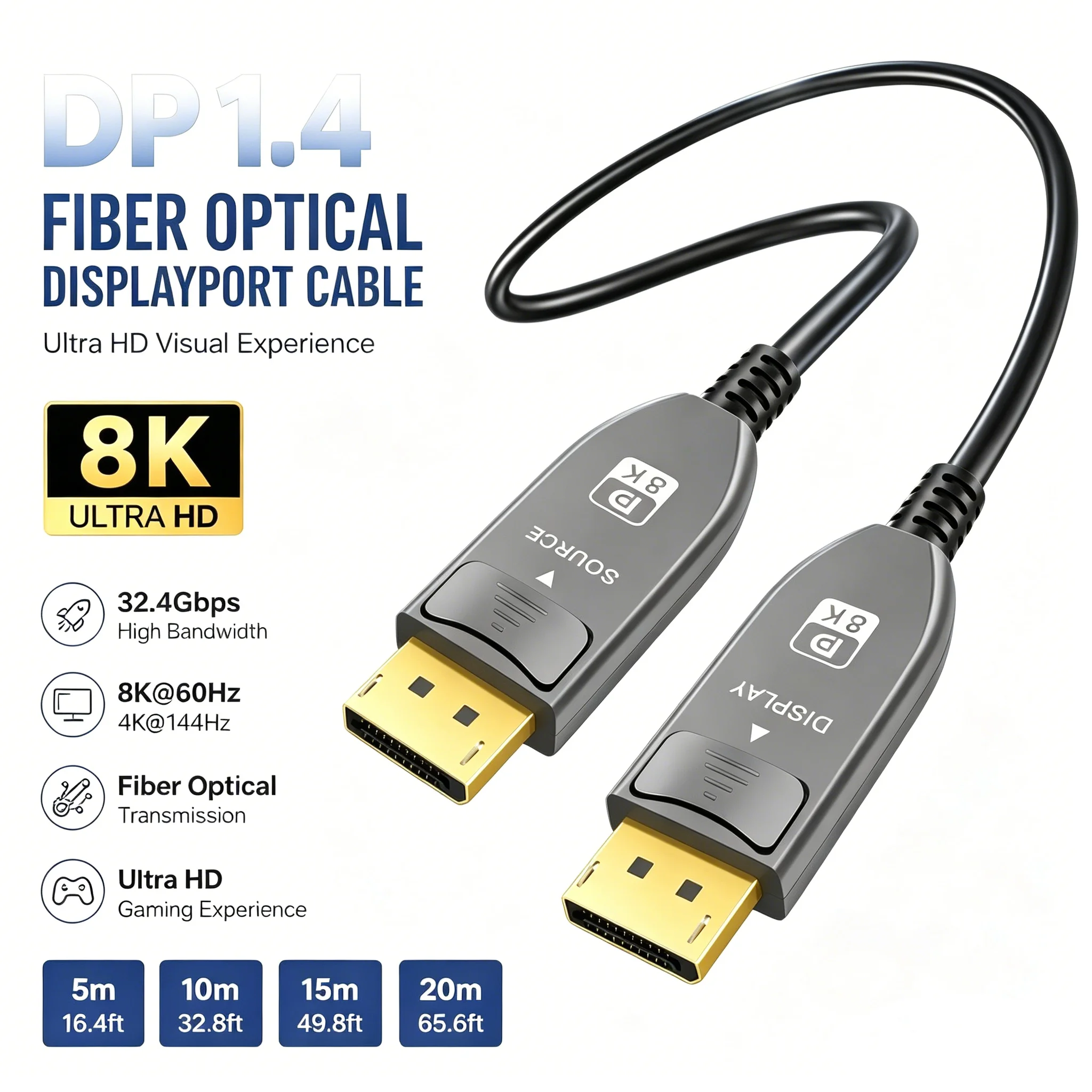Displayport Fiber Optic DP1.4 8K Cable Buckle 4K 144Hz 8K 60Hz HBR3 32.4Gbps Ultra HD DP Optical Gaming Cable for NVIDIA AMD