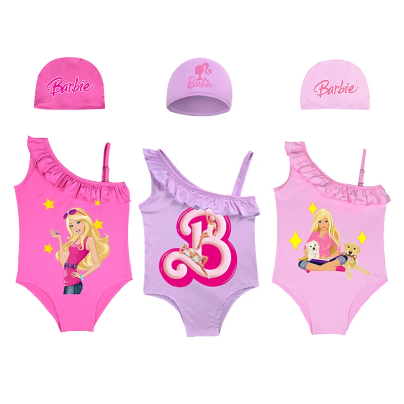 

Anime Cartoon Miniso Barbie Kawaii Girl One-Piece Swimsuit Swim Cap Set Cute Print Quick-Drying Kid Beachwear Summer Baby Bikini