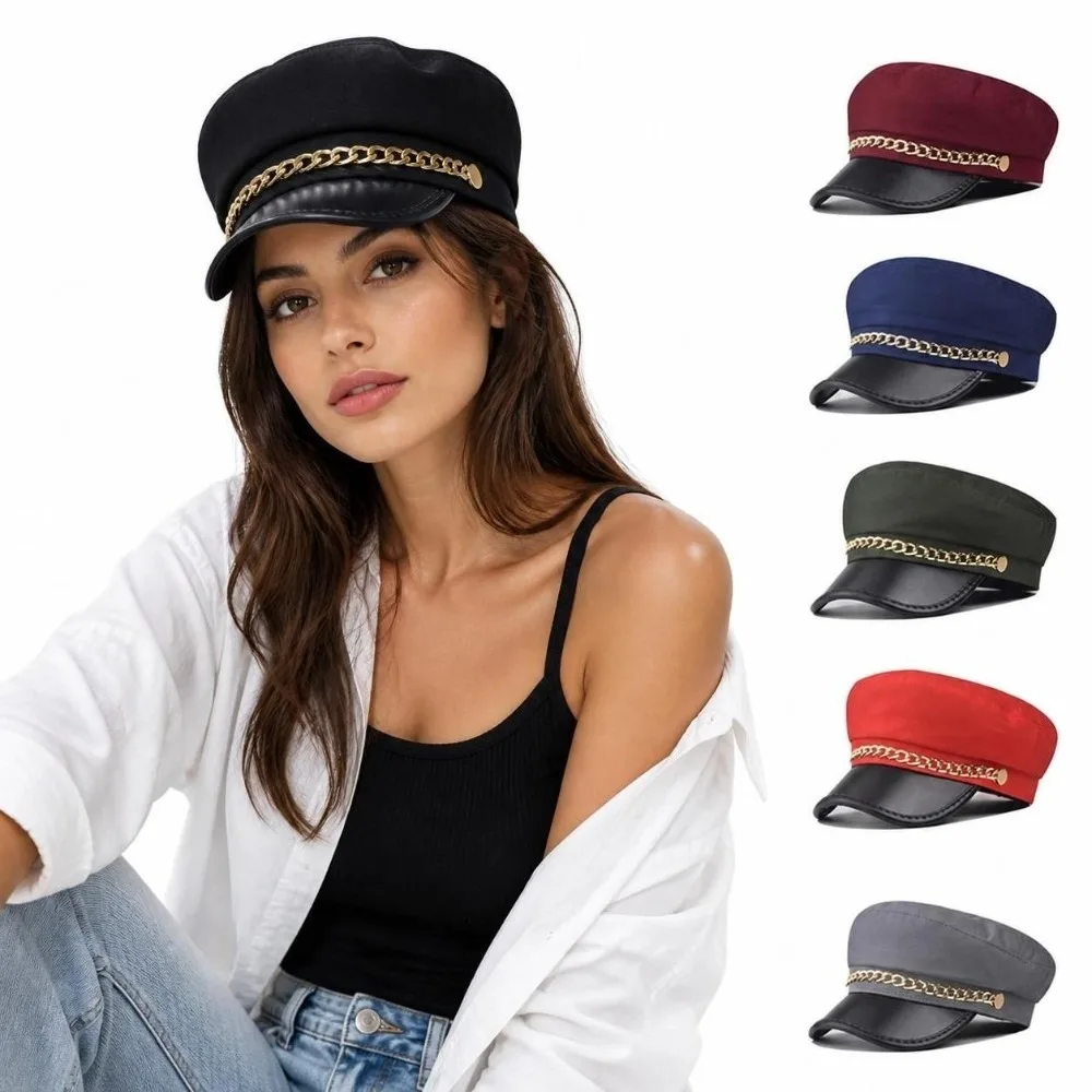 Classic Gold Chain Decor Newsboy Cap PU Leather Short Brim Beret Hat Casual All-Match Flat Top Cap Autumn Winter