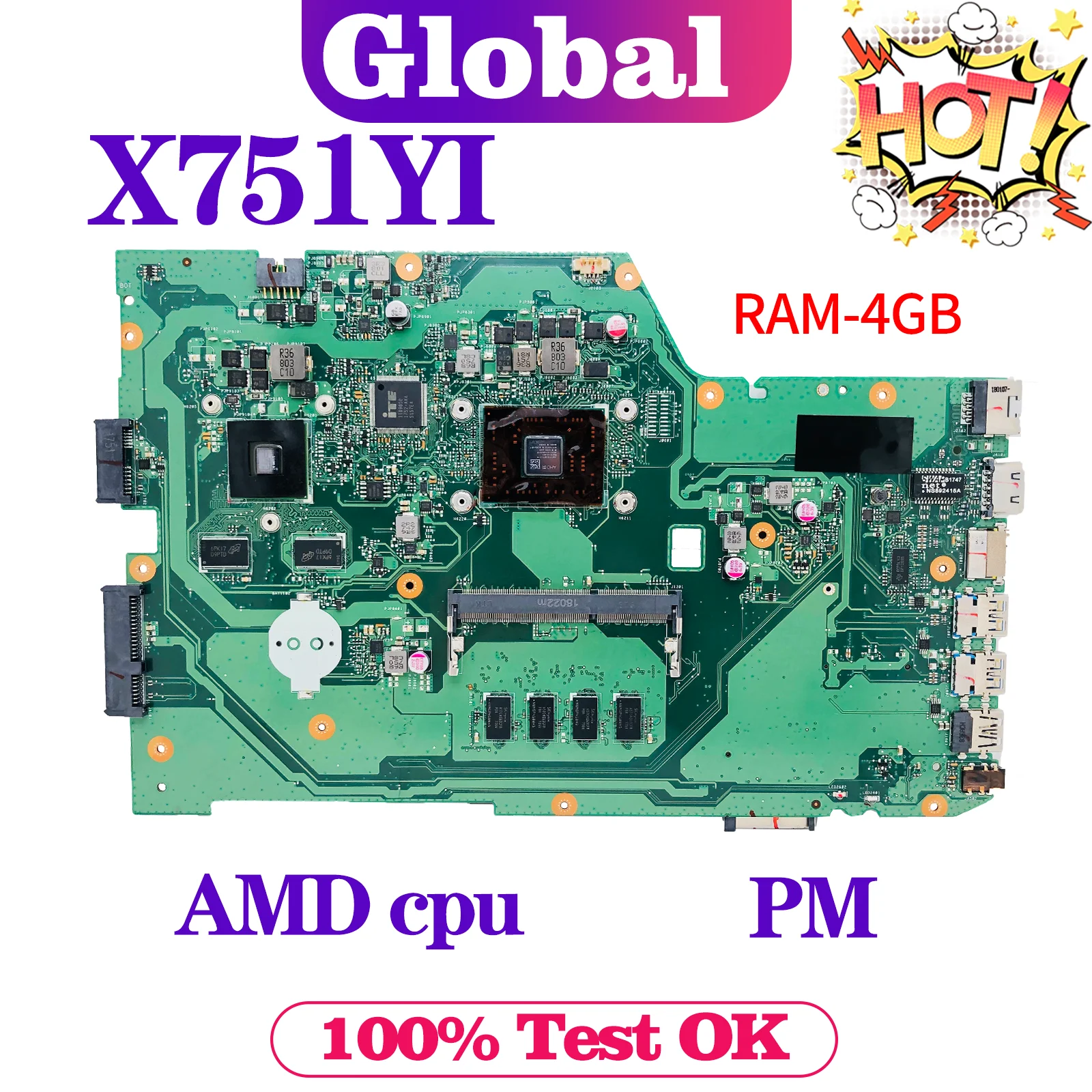 KEFU X751Y Mainboard For ASUS X751YI A751YI K751YI F751YI Laptop Motherboard AMD CPU PM 4GB/RAM MAIN BOARD TEST OK