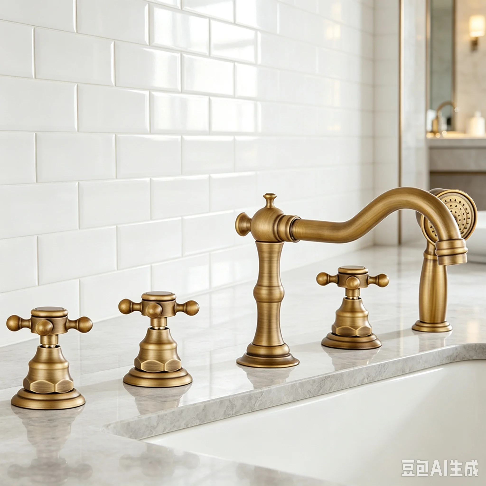 Antique Brass 5pcs Bathroom Tub Sink Faucet with Hand Shower Deck Mounted 5 Holes Three Cross Handles Bathtub Taps Ntf037