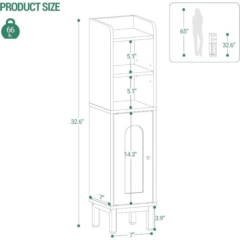 Bathroom Storage Cabinet, Small Corner Floor Cabinet with Door and Shelves, Narrow Toilet Paper Cabinet