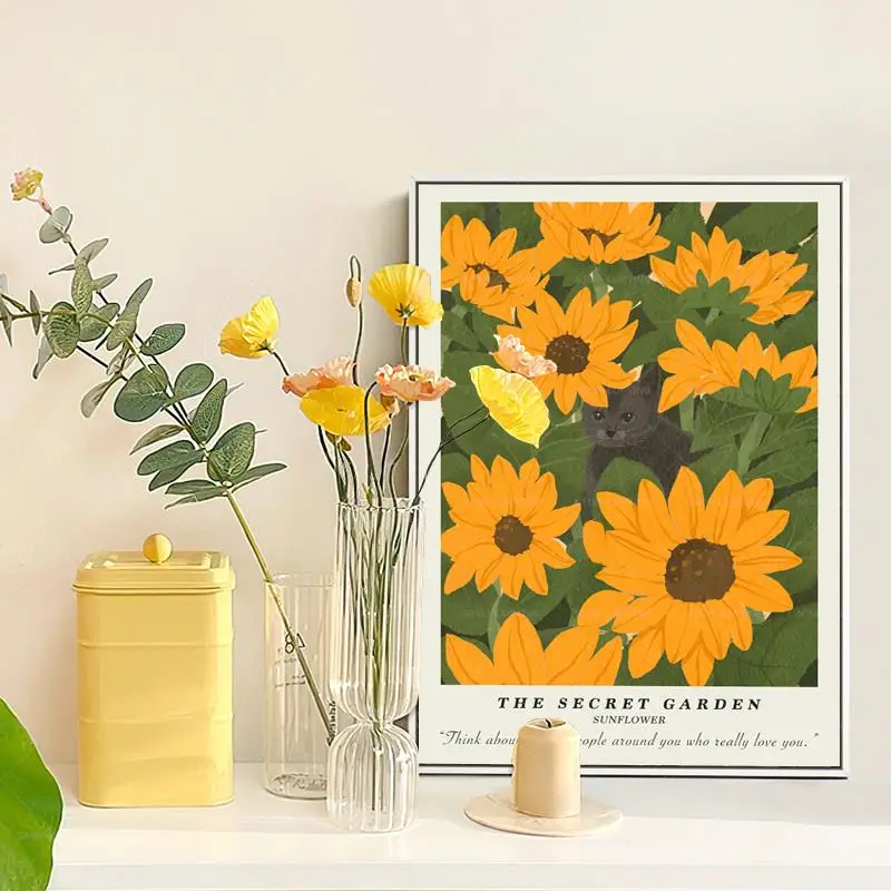 Modern Nordic Small Fresh Orange Hand Painted Cat Sunflower Flower Wall Art Canvas Painting Posters For Living Room Home Decor