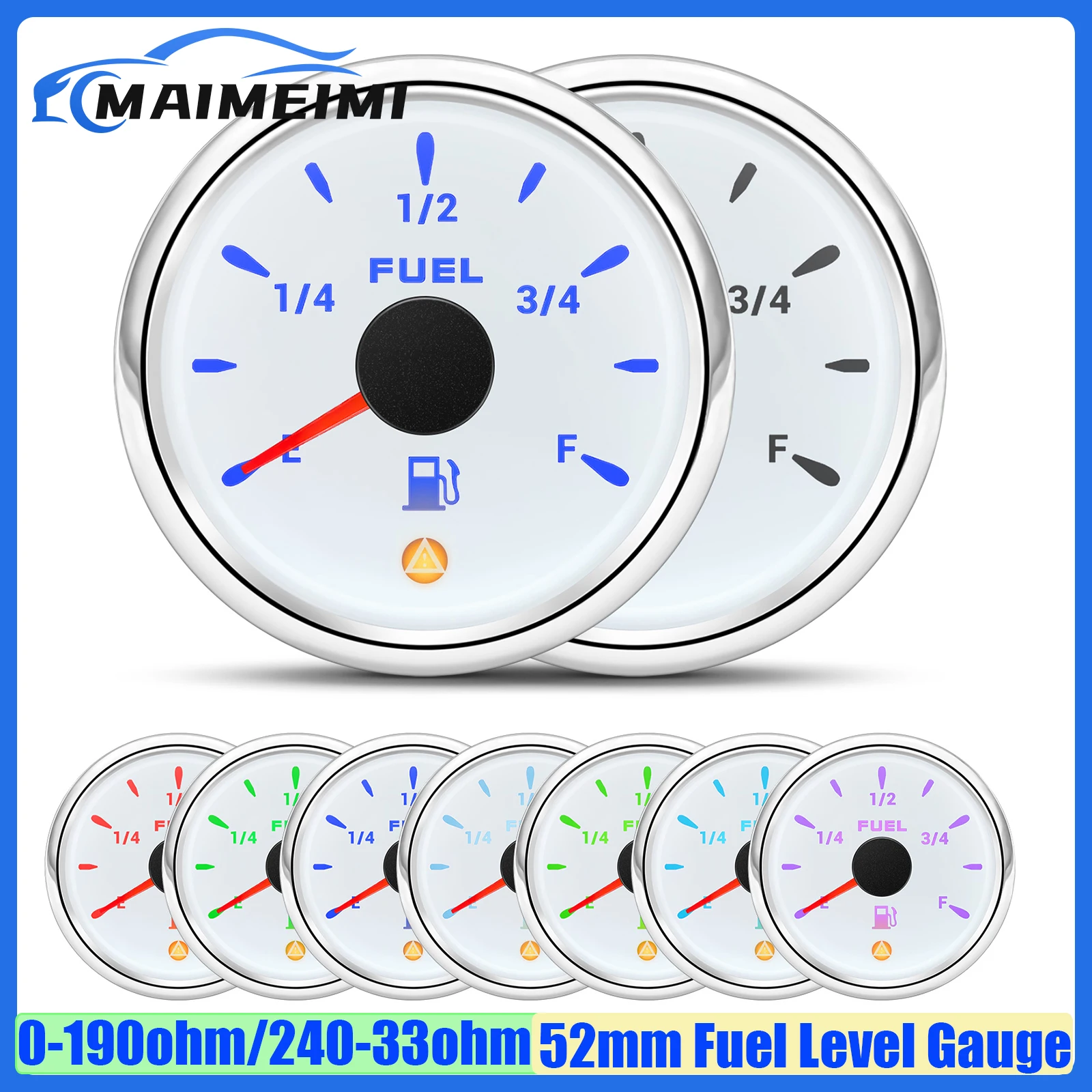 

7 Color Light 52mm Fuel Level Gauge with Warning 0-190ohm 240-33ohm 0-90ohm Auto Oil Tank Meter Indicator for Marine Boat Yacht