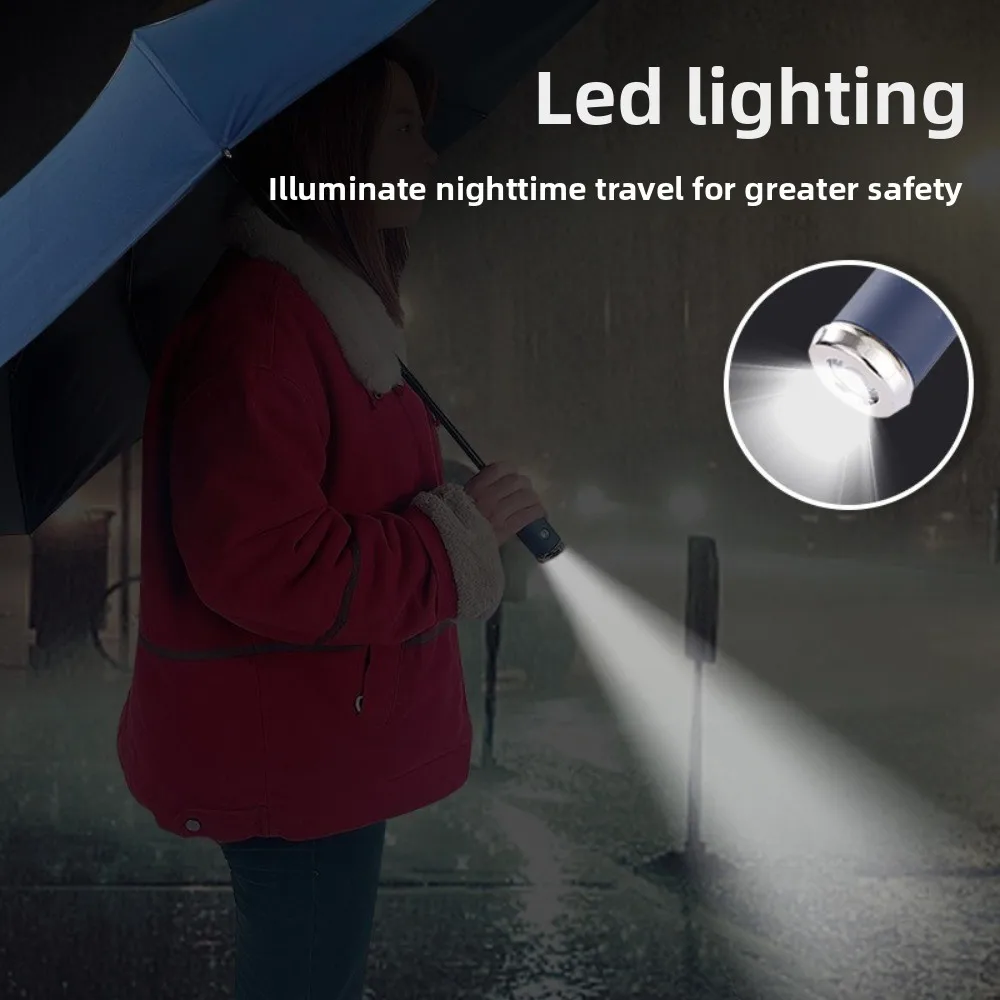 

10-Bone Frame LED Flashlight Umbrella Windproof Design Three Fold Rotating Umbrella Waterproof UV Protection Automatic Umbrella