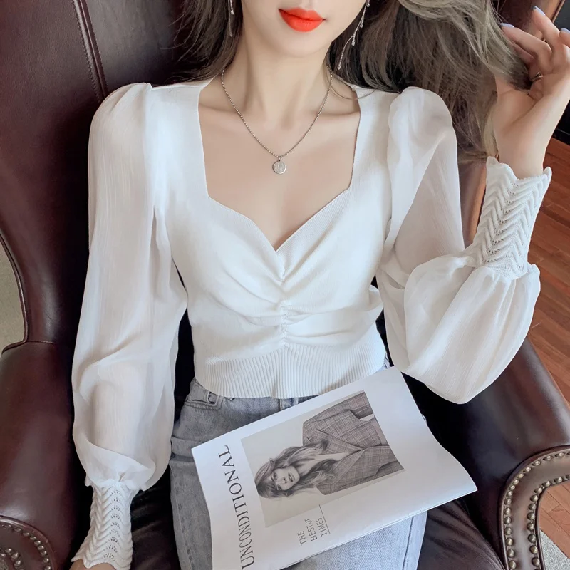 

Low-Ne Knitted irts Women's Spring Autumn Pure Color Me Splicing Chiffon Knitted Top Sweet Sle Bubble Sve ort Le...