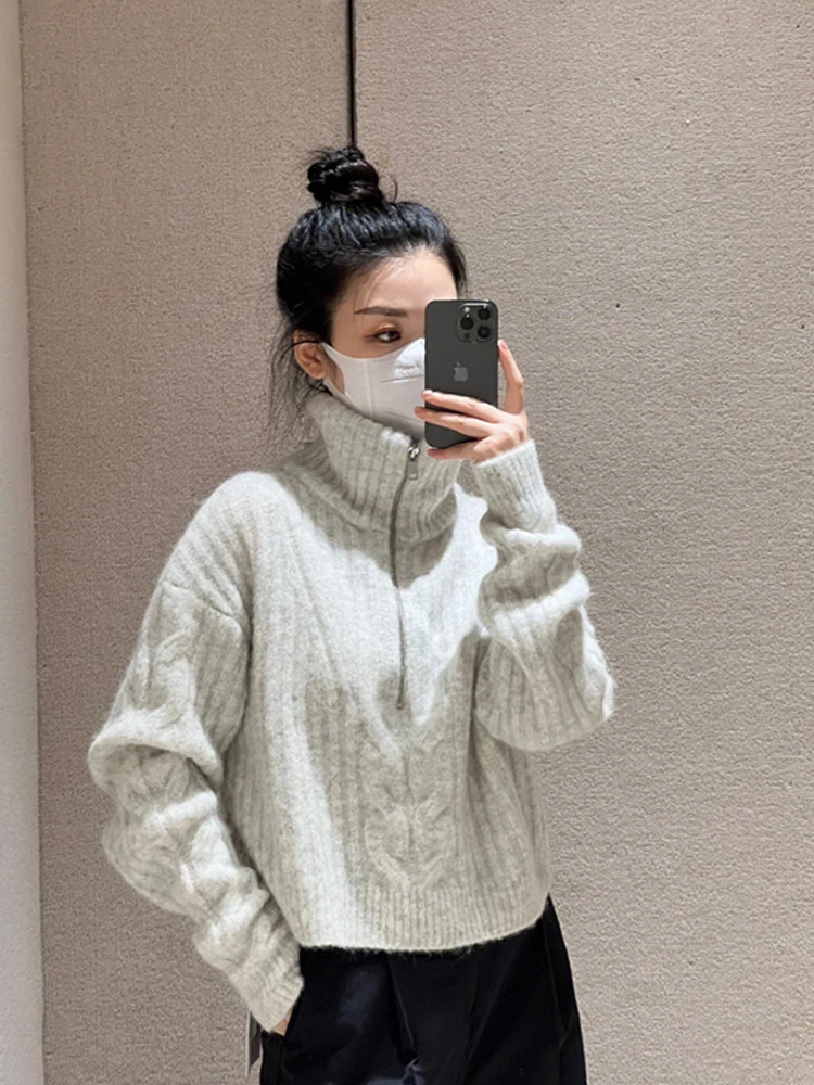 

Korean Fashion Half Zipper Sweaters Women Vintage Twisted Knitted Short Pullover Casual Lazy Style Long Sleeve Tops