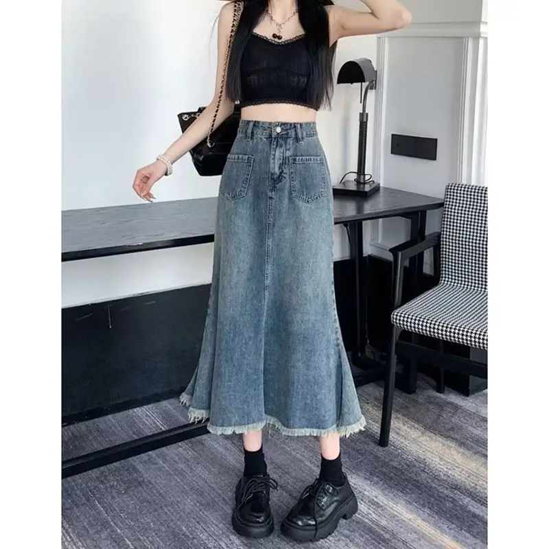 

Джинсовая юбка миди с высокой талией, женская, А-силуэт, с оборками, скрывающая живот, весна-лето, новая, винтажный стиль