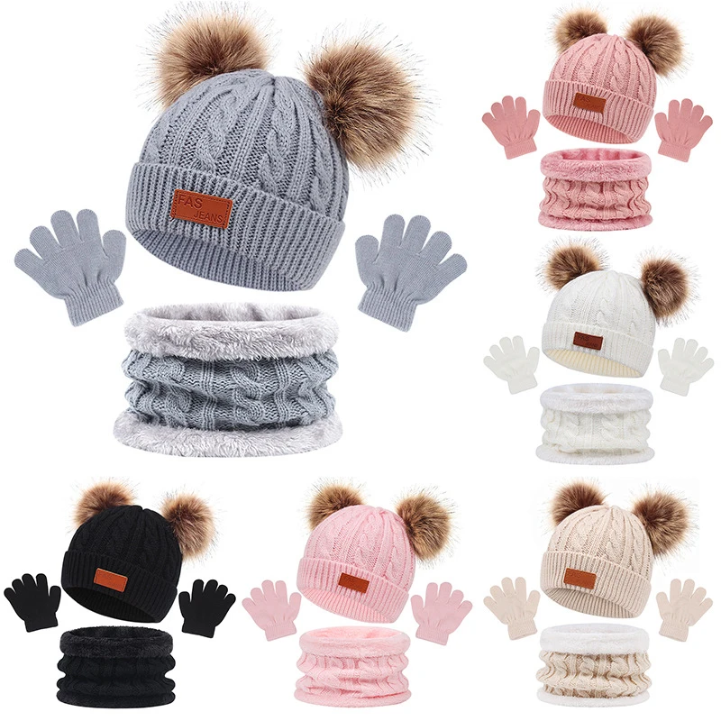 3Pcs Winter Baby Hat Scarf Gloves Set Solid Color Toddler Bonnet Cute Pompom Knitted Hats Outdoor Warm Infant Accessories 1-5Y