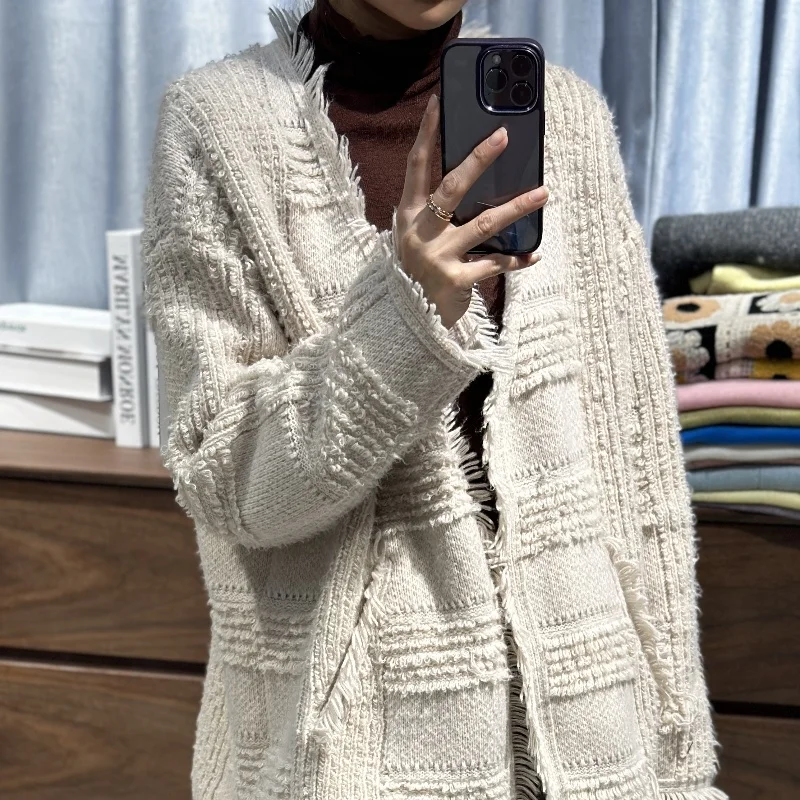 Autumn New 100% Merino Wool Cardigan Women\'s V-Neck Large Size Knitted Coat Fashion Loose Fringe Sweater Jacquard Jacket Solid