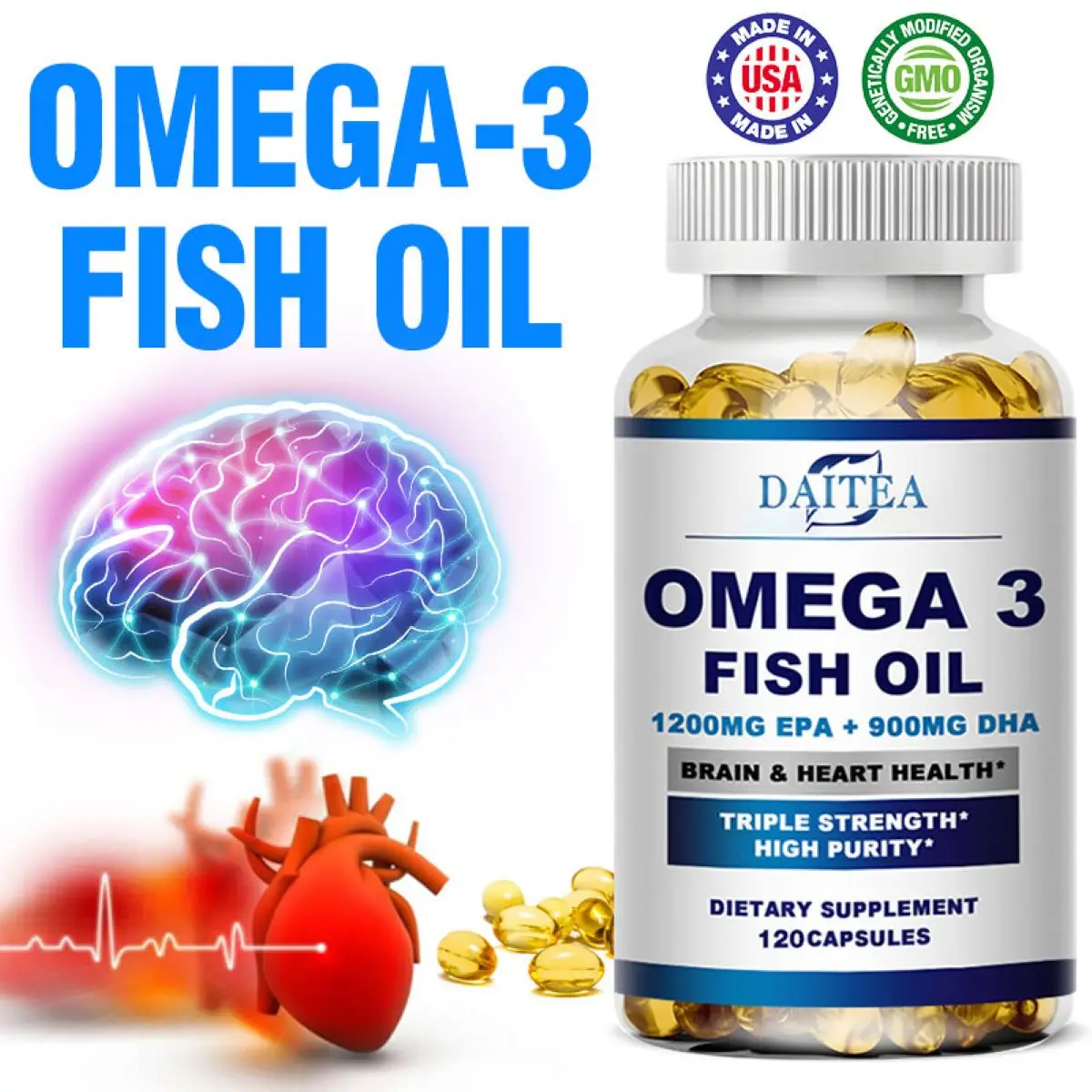 

Premium Omega 3 Fish Oil - High EPA 1200 Mg + DHA 900 Mg - Supports Brain & Heart Health