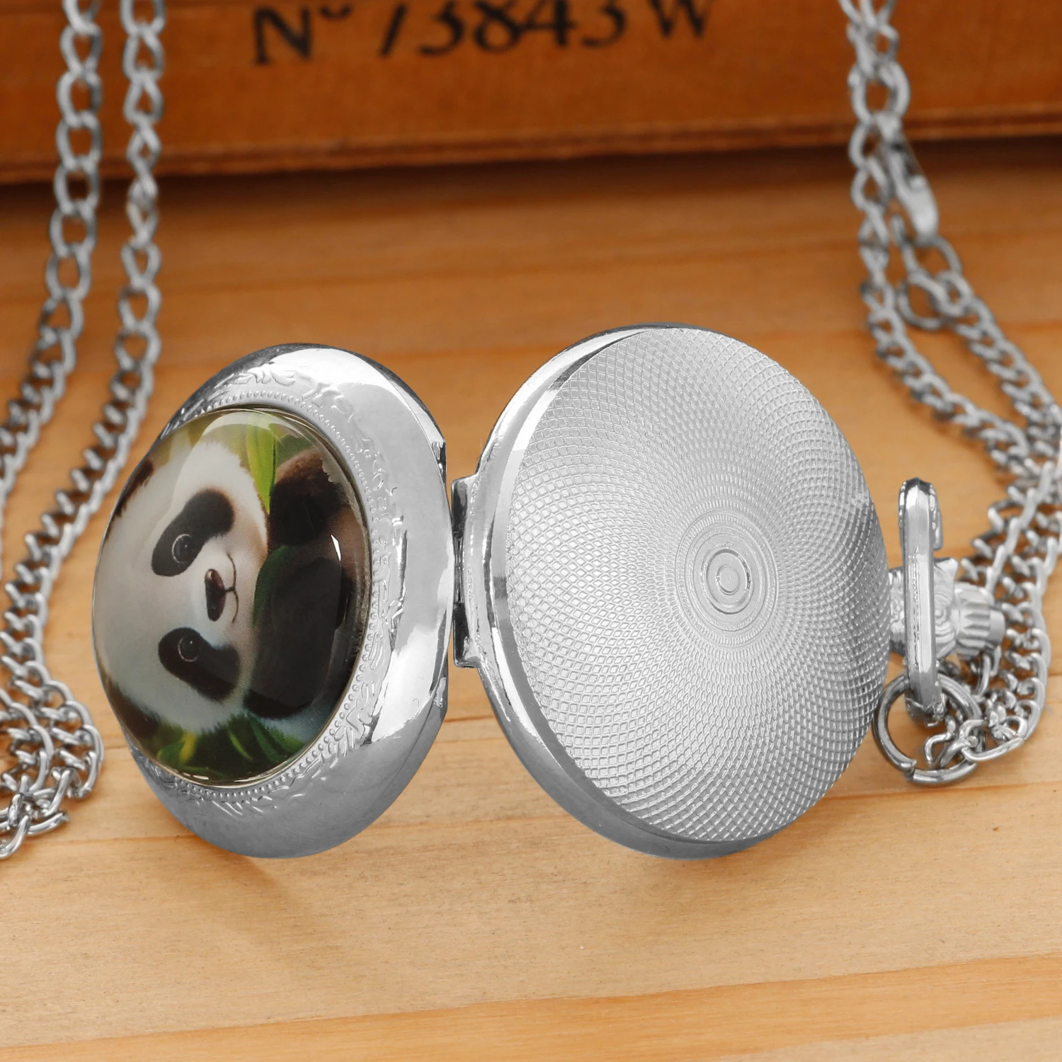 Silver Stainless Steel Cute Panda Glass Dome Quartz Pocket Watch Necklace Kids Children Jewelry Pendant Chain Clock Gift
