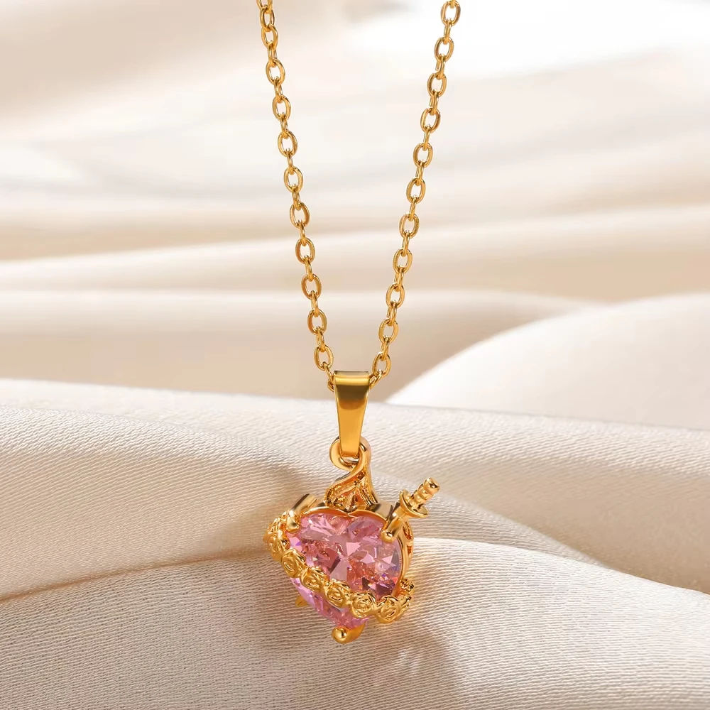 Pink Heart Zircon Necklace Gold Color Stainless Steel Cupid Eros Arrow Heart Pendant Necklace Korean Fashion Jewelry Party view 3