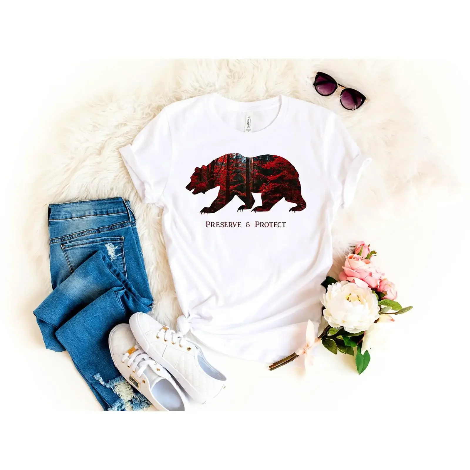 Preserve Protect National Park Bear T Shirt Red Forest Print Retro Casual  for Kids vintage Washed Breathable Stylish graphic