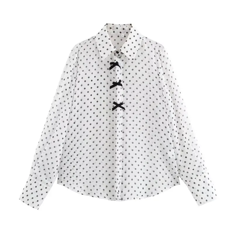 Primavera 2025 Papillon a pois irt da donna Lungo colletto rovesciato Sve Ele Nuovo arrivo Versatile Sle Regular Sve L...