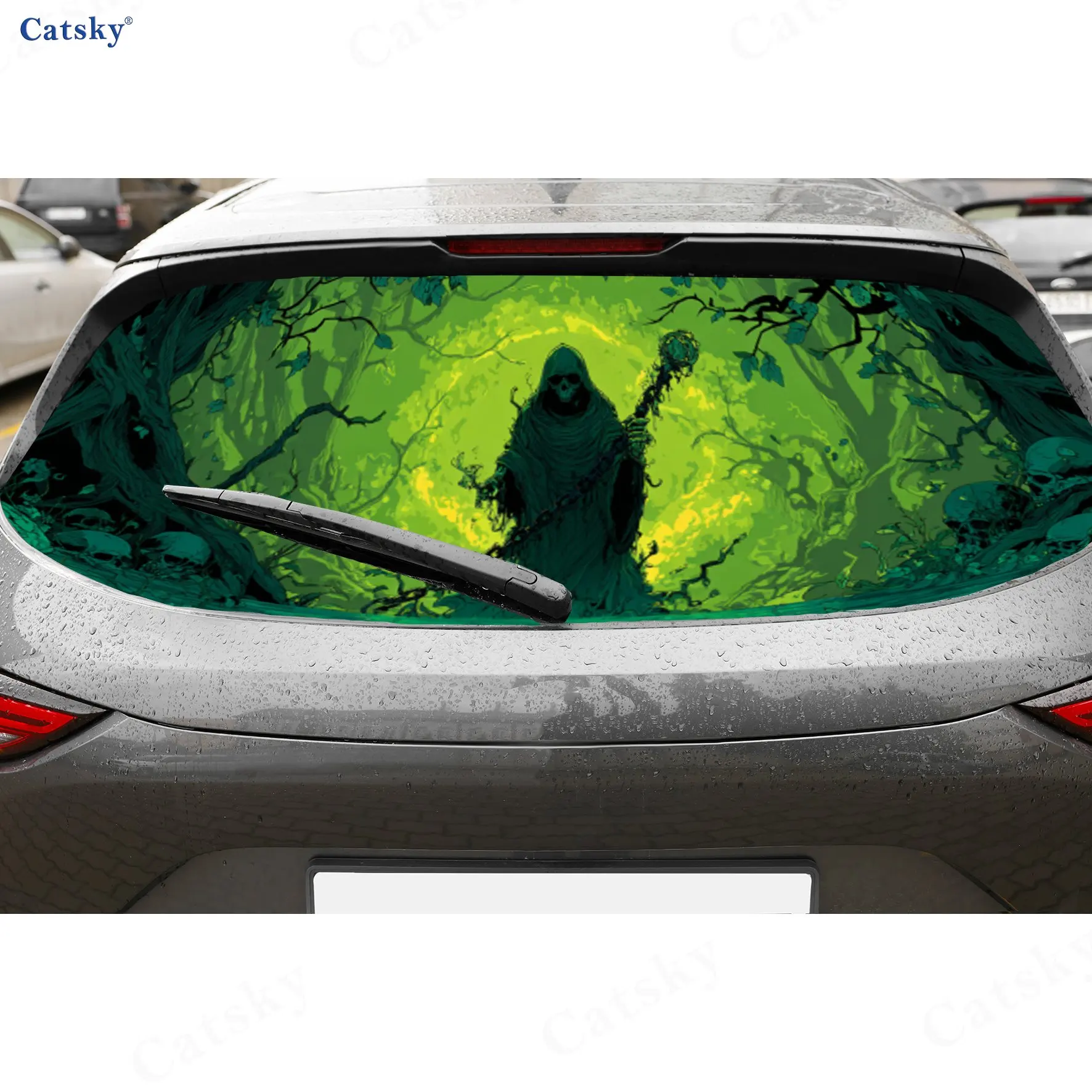 

Dark Magic Green Forest Reaper PVC Perforated Car Vinyl Wraps, Durable Car Rear Windshield Sticker, Waterproof Car Rear Window D