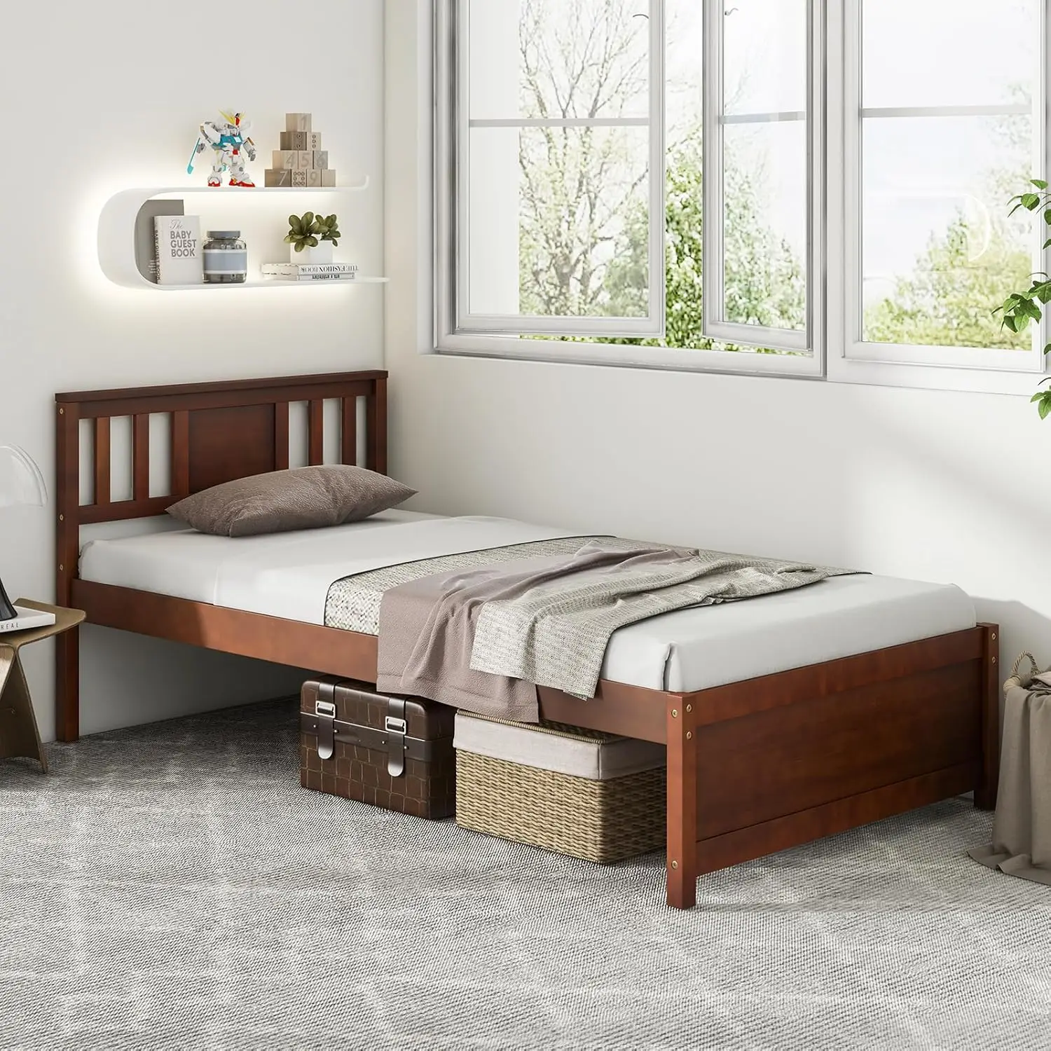 Wood Twin Bed Frames with Headboard, Mid Century Solid Wood Platform Bed with Wood Slat Support, Single Panel Bed, No Box Spring