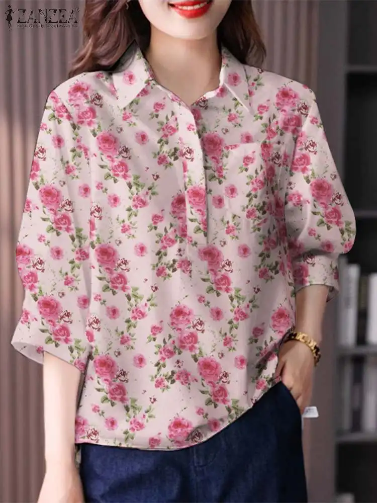 

ZANZEA Lapel Neck Party Shirt Elegant Women Work Bohemian Blouse Floral Print 3/4 Sleeve 2024 Spring Oversize Blusas Casual Tops