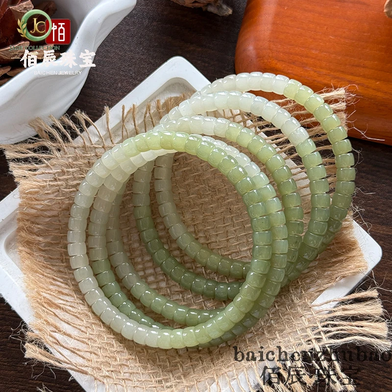 Natural Hetian Jade Gradient Bracelet with Tablet Beads4*6mmIce-clear water yellow jade bead single-loop bracelet jewelry