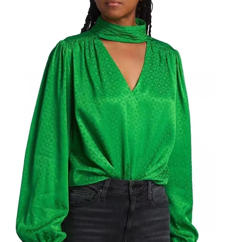 

Women V-neck Jacquard blouse Sexy Lantern Long Sleeve lady Shirt Top