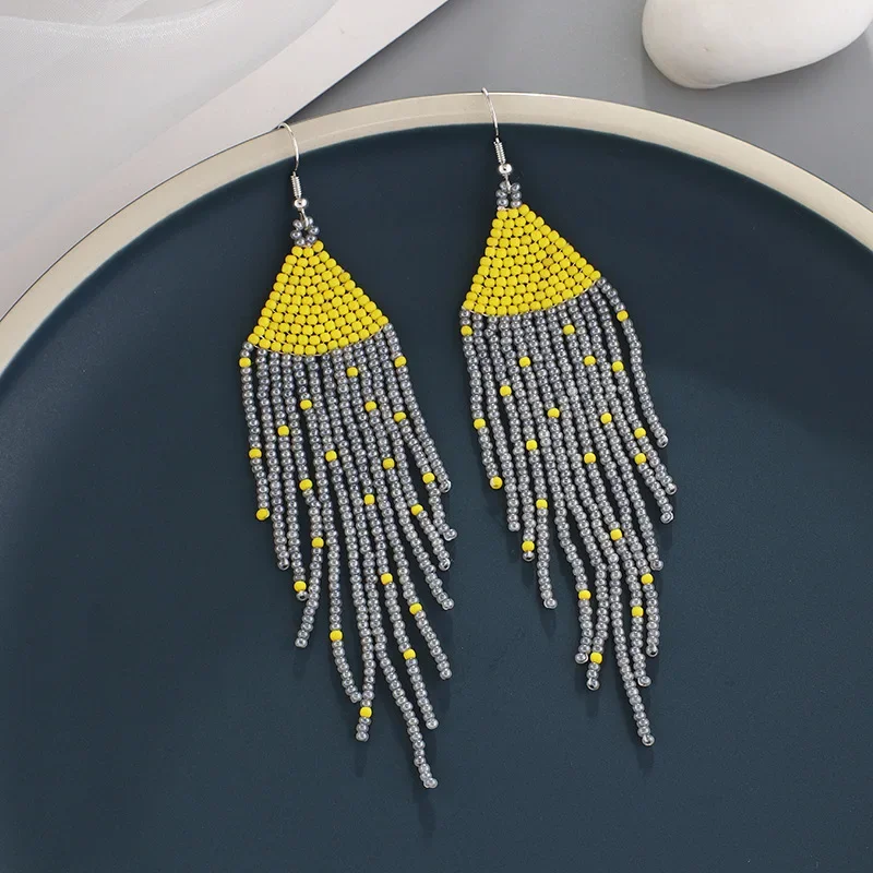 

Tassel Earrings Hand knitting Beaded Color matching Retro rhinestone Simplicity personality Bohemia Rice Bead Earrings