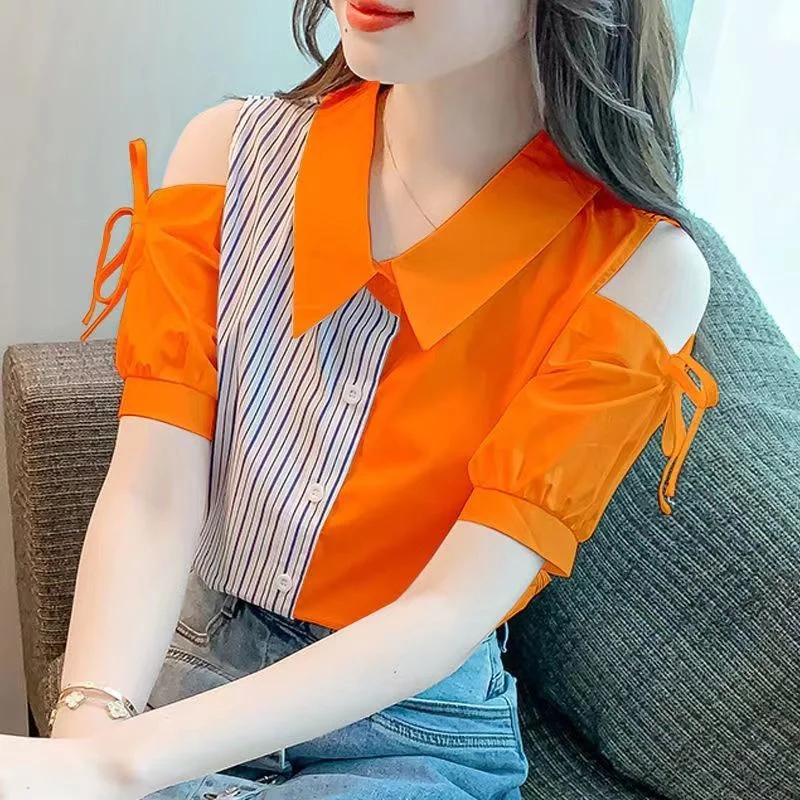 Spring Summer Spring Blouses Shirts Lady Fashion Casual Short Sleeve Turn-down Collar Contrasting Colors Blusas Tops G2455