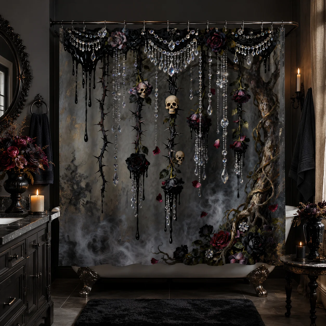 2D Flat, 1pc Shower Curtain, Gothic 2D Shower Curtain for Bathrooms, Includes a High-Quality 70.87 X 70.87inch Shower Curtain And 12 Durable Hooks. Bathroom Decor And Additions, Local Warehouse Items