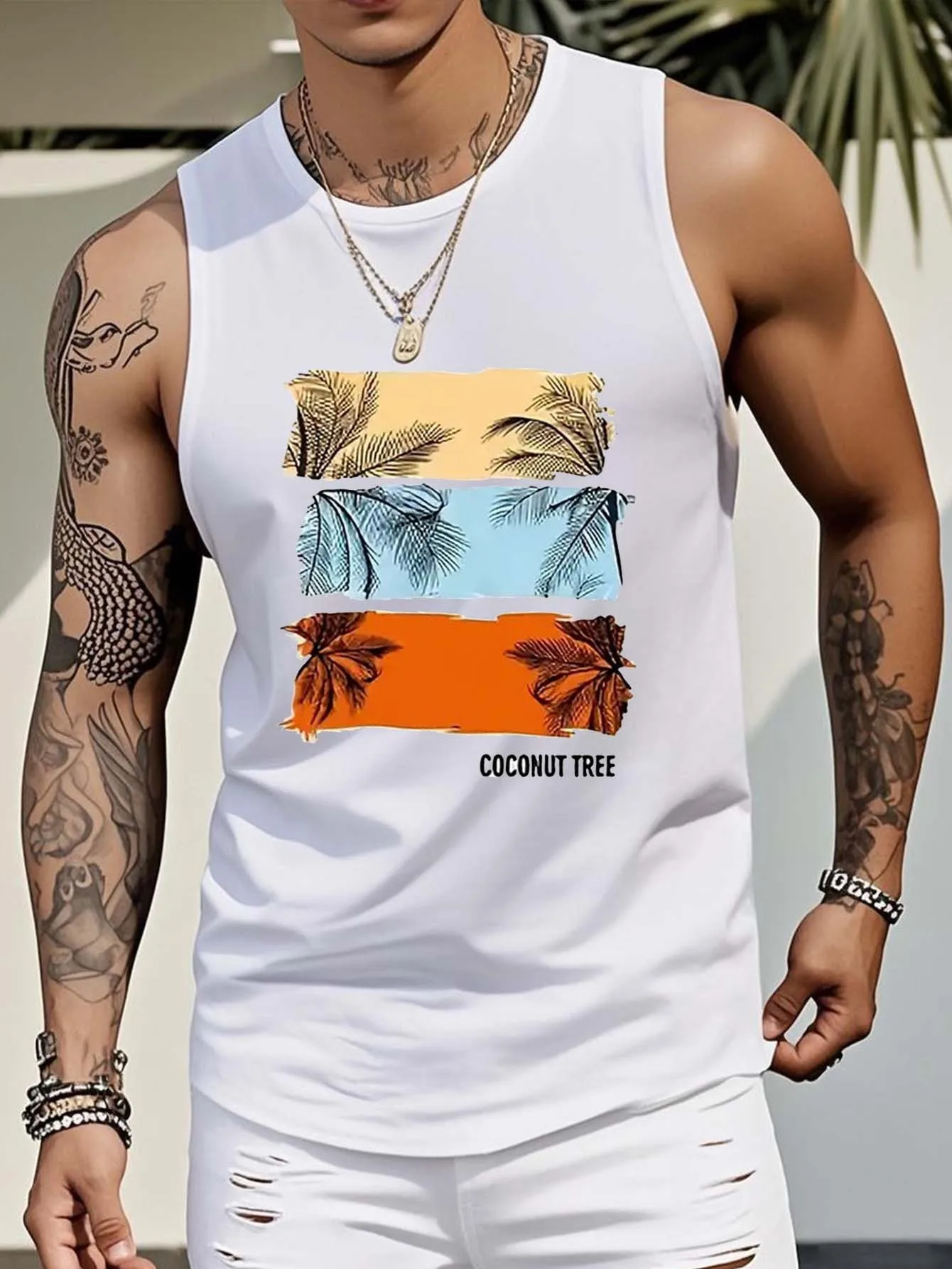 

Men's Coconut Tree Tank Top - Sleeveless, Breathable Cotton, Summer Casual Fitness Clothing, Round Neck, White Tropical Design