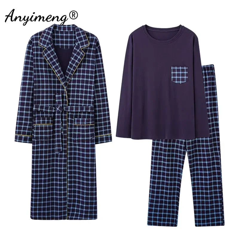 3pcs Men\'s Robe Gown Pajamas Plus Size 4XL Leisure Homesuit Plaid Pajamas+Robe Long Sleeved Autumn Winter Soft Cotton Sleepwear