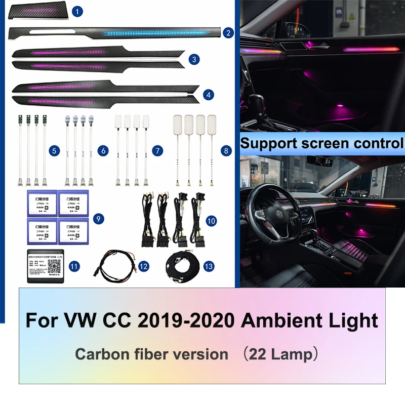 

For VW Passat CC LED Atmosphere Light Special Modification Interior 22 Lights 16 Colors Carbon Fiber Support Screen Control