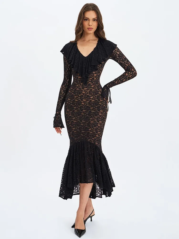 

Party Dresses For Woman Sexy Elegant Vestidos Lace Slim Evening Dress Solid Color V-link Trendy Bodycon leace-up Simple Style