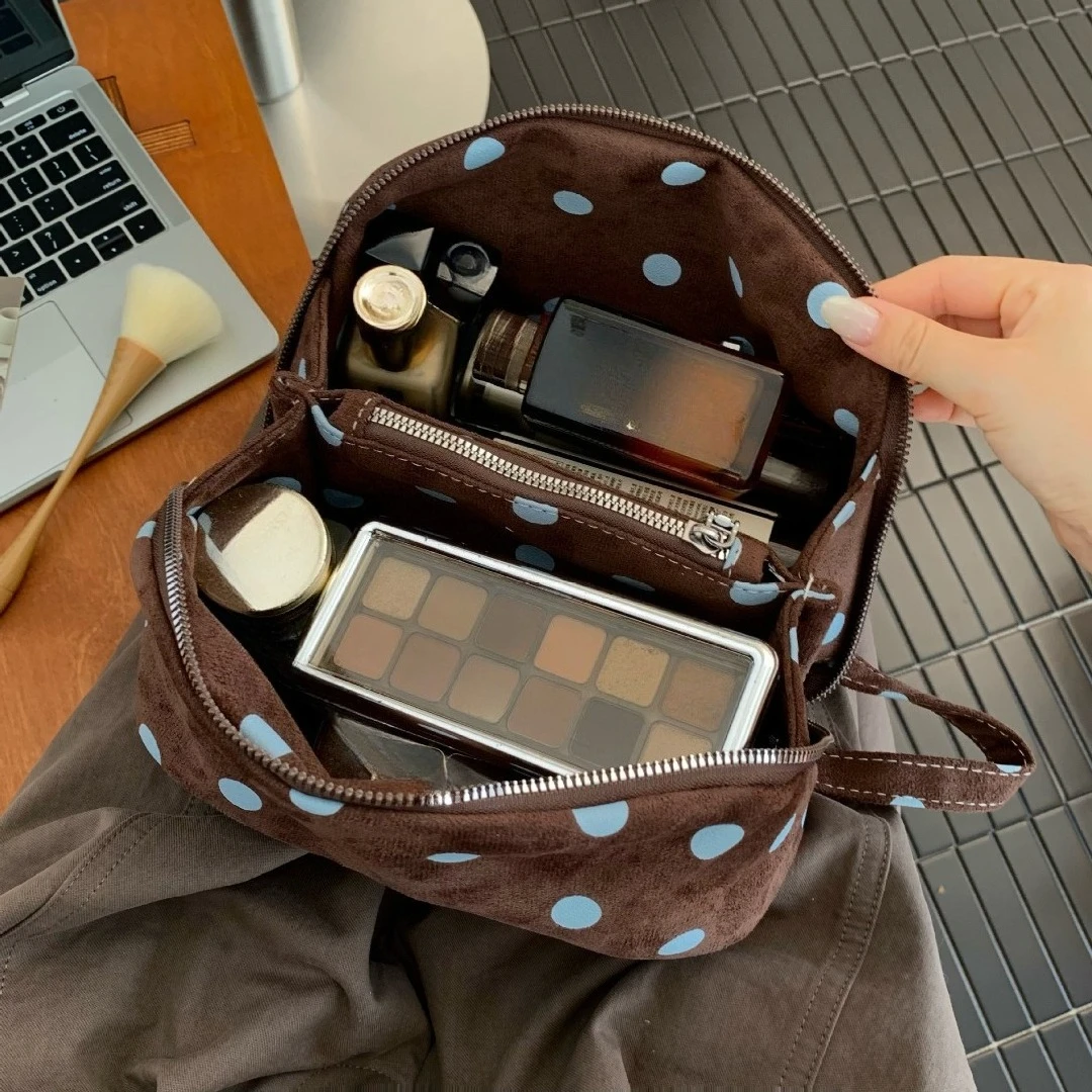 Korean Style Dot Multilayer Portable Travel Cosmetic Organizer Pouch Handheld Makeup Hand Bag Multifunctional Storage Bag
