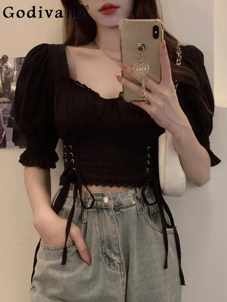 

Large Size Korean Temperament Square Neck Short Sleeve Slim Top Women Summer New Lace-up Puff Sleeve Sweet Versatile T-shirt