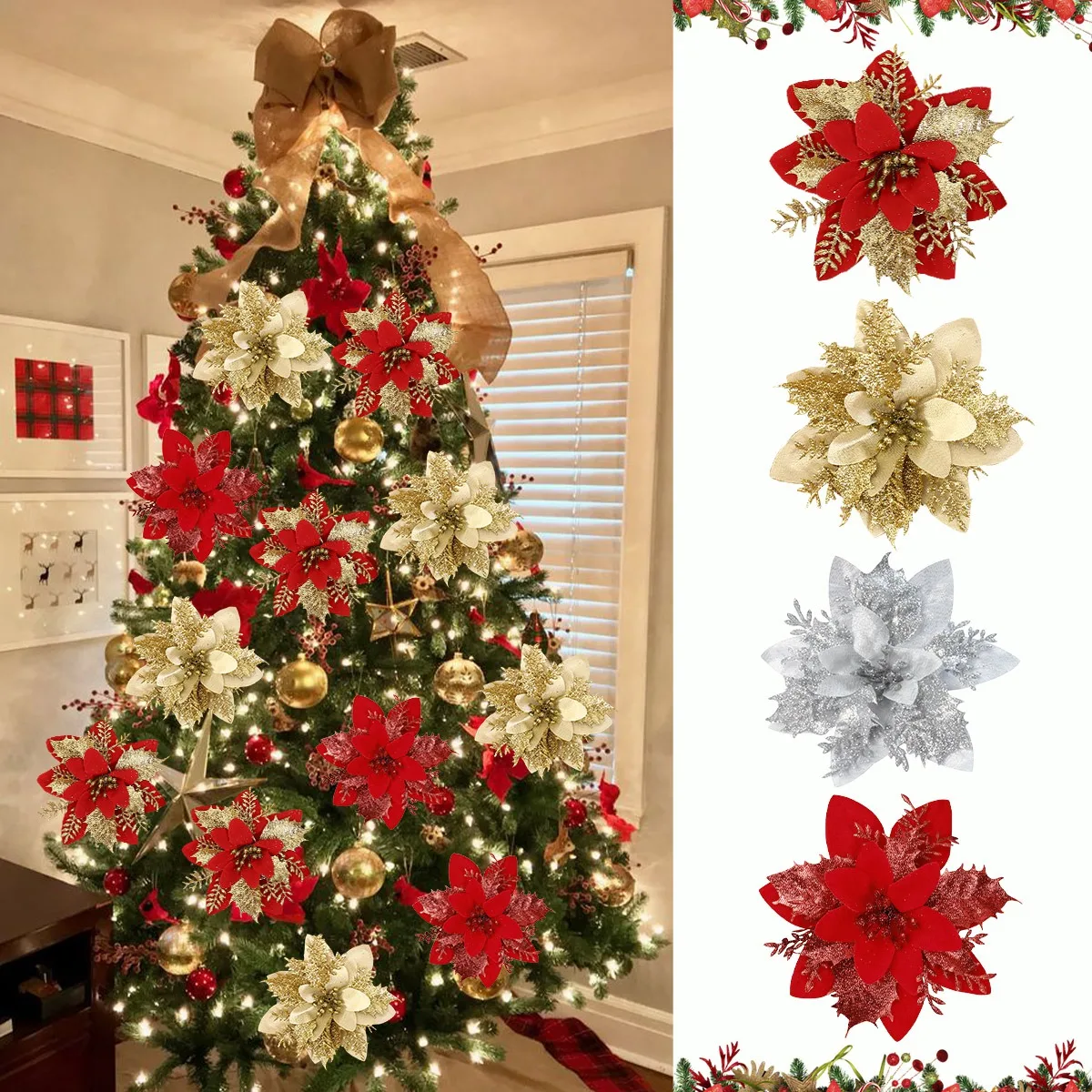 10 Stück Weihnachts-Glitzerblumen, gefälschte Blumen, Weihnachtsbaumschmuck für Zuhause, 2025 Baum-Anhänger, Ornamente, Navidad