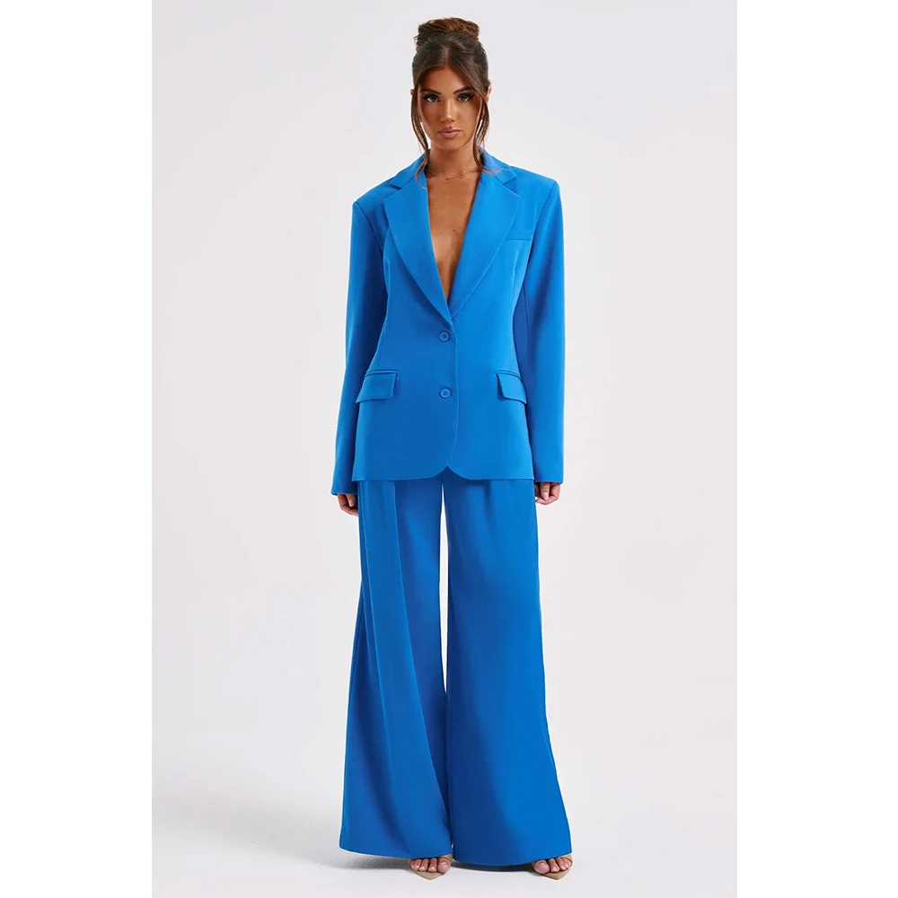 

Королевский синий комплект из двух предметов для женщин, элегантный пиджак с острыми лацканами и двумя пуговицами, наряд для свадьбы, комплект офисных женских брюк