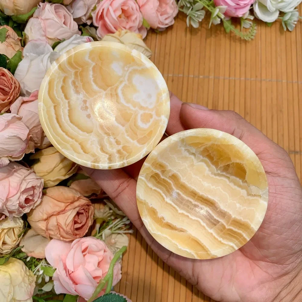 1pc Carved Orange Calcite Bowl, Polished Stone Home Decor Accent, Unique Jewelry Patterns, with Ideal Gift for Holidays
