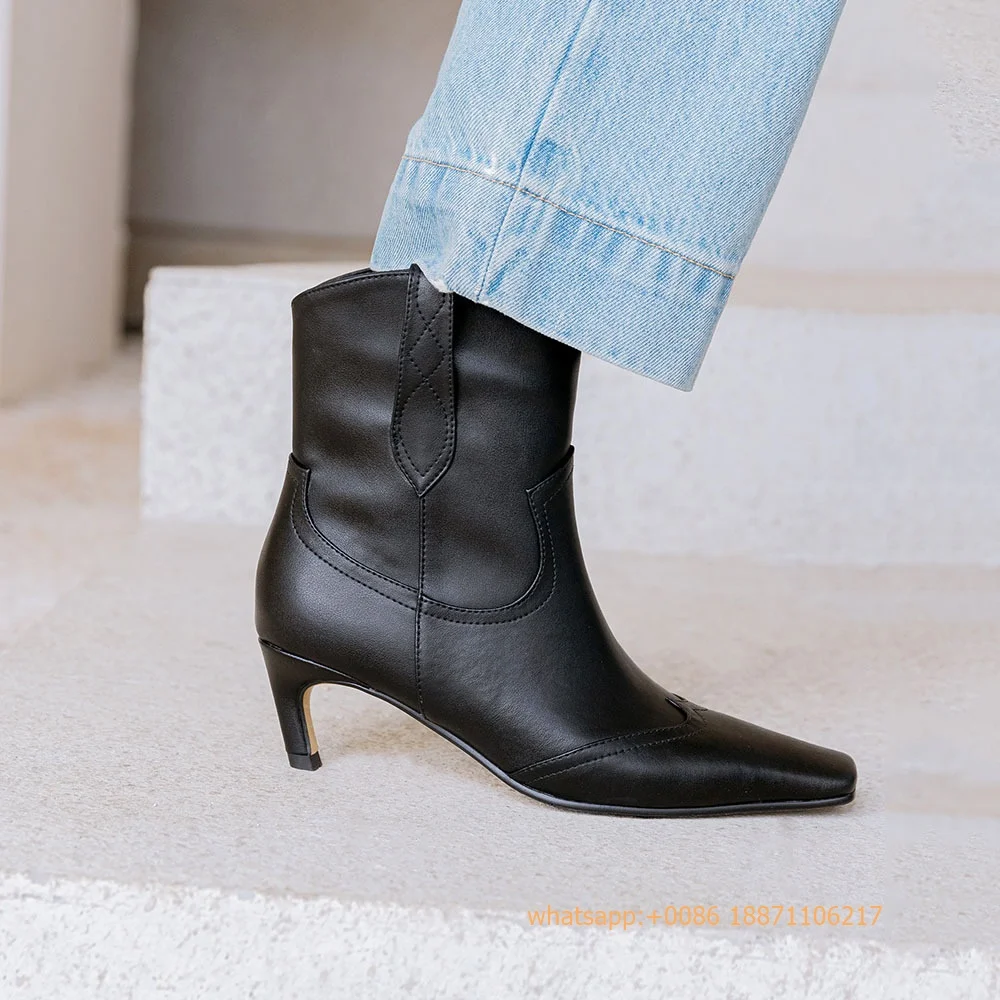 

Genuine Leather Elegant Women's Short Boots 2024 Autumn New Square Toe Fashion Street Kitten Heel Boot Solid Color Office Boots